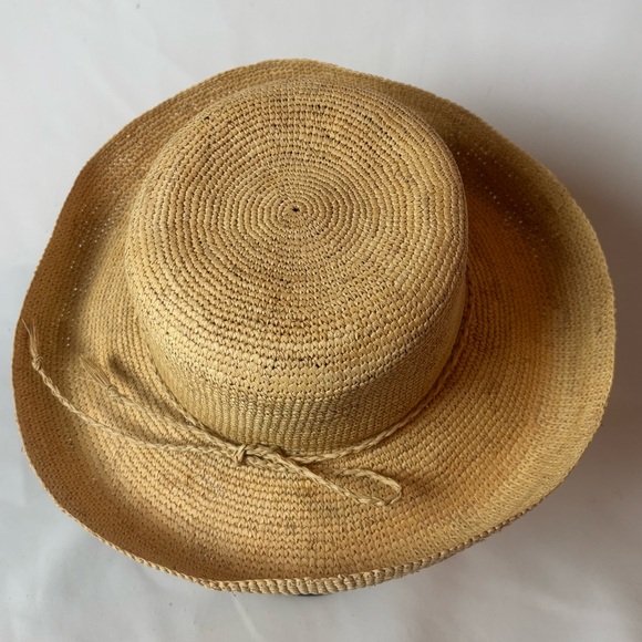 Vintage Whole Earth Crochet Raffia Straw Sun Hat Upturned Brim Tan Women’s - Picture 2 of 7